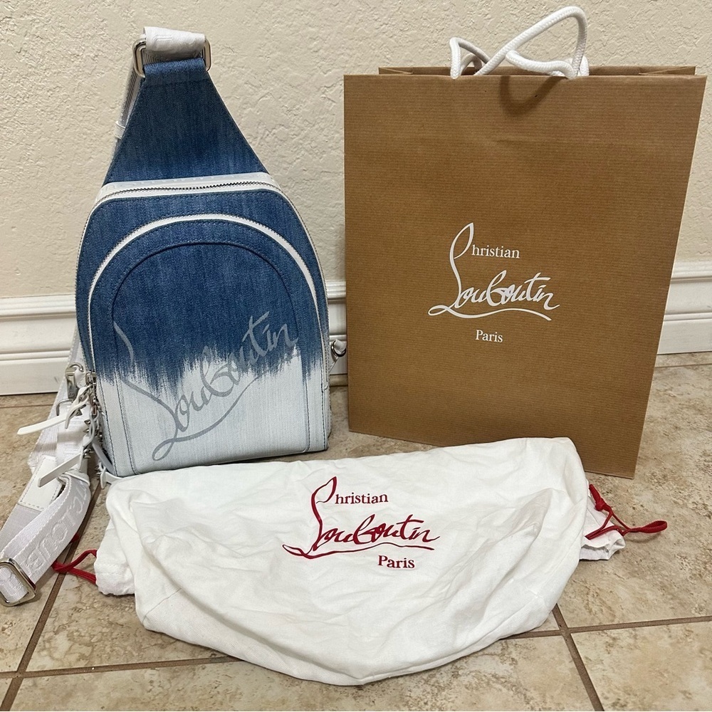 authentic Christian Louboutin Loubifunk Dégradé Denim & Jacquard Backpack - Picture 5 of 11